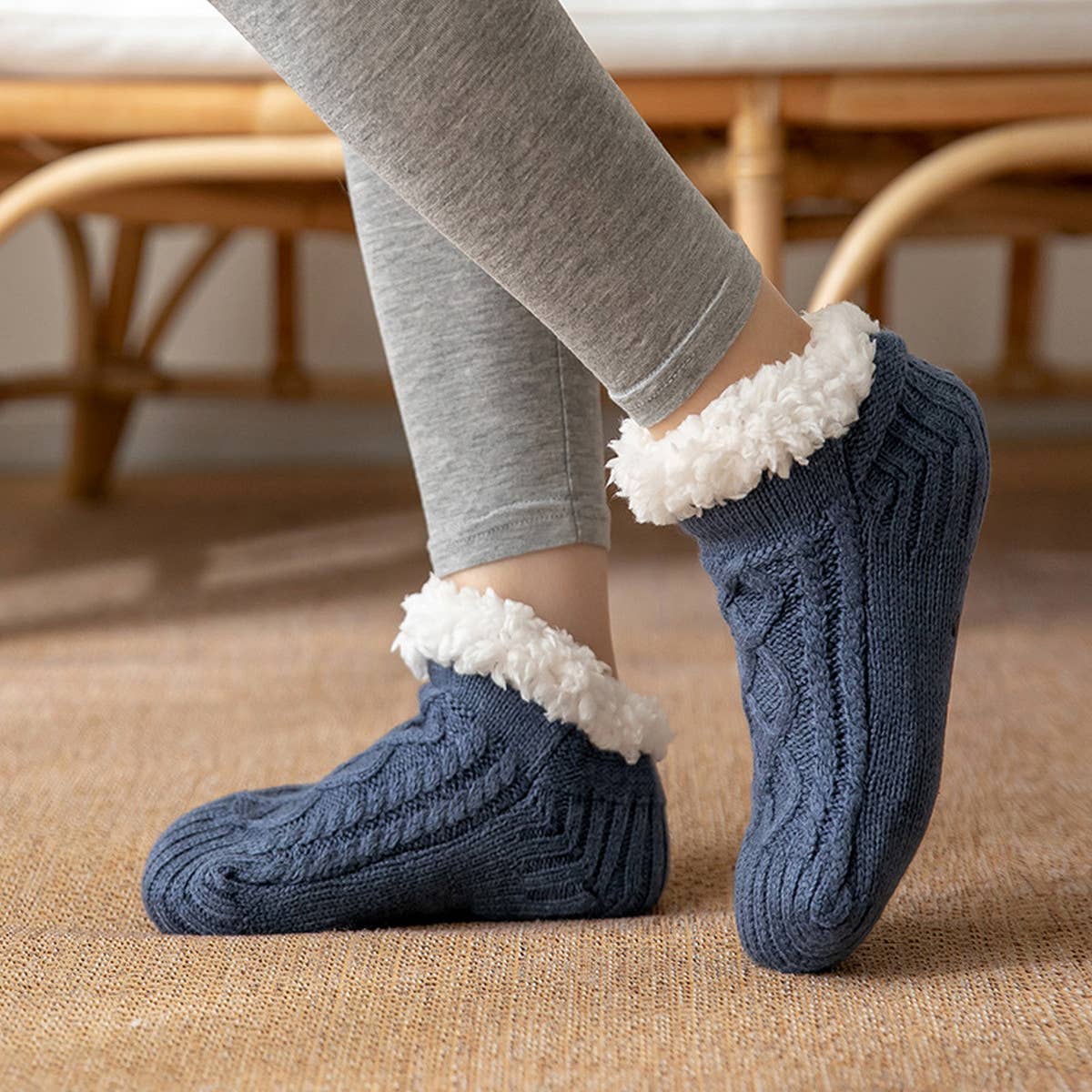 ACCITY Knit Solid Color Plush Sherpa Lined Ankle Slipper Socks