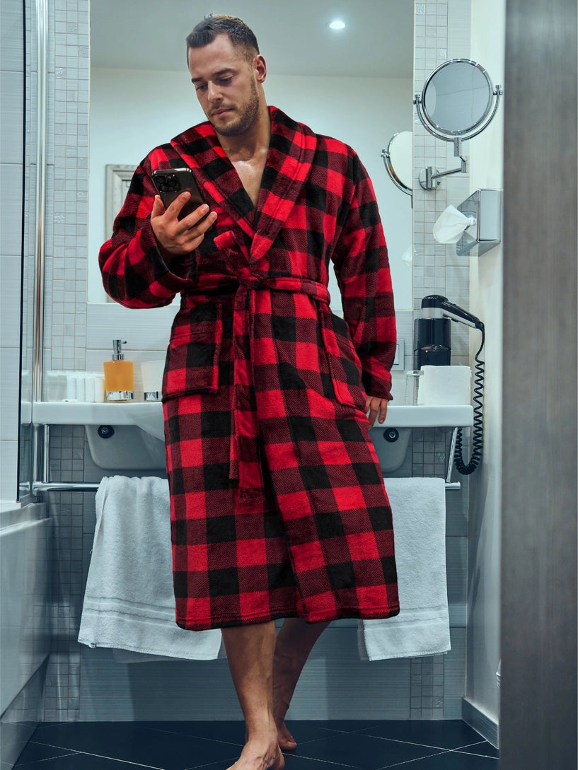 Pavilia Buffalo Plaid Fleece Men's Robe