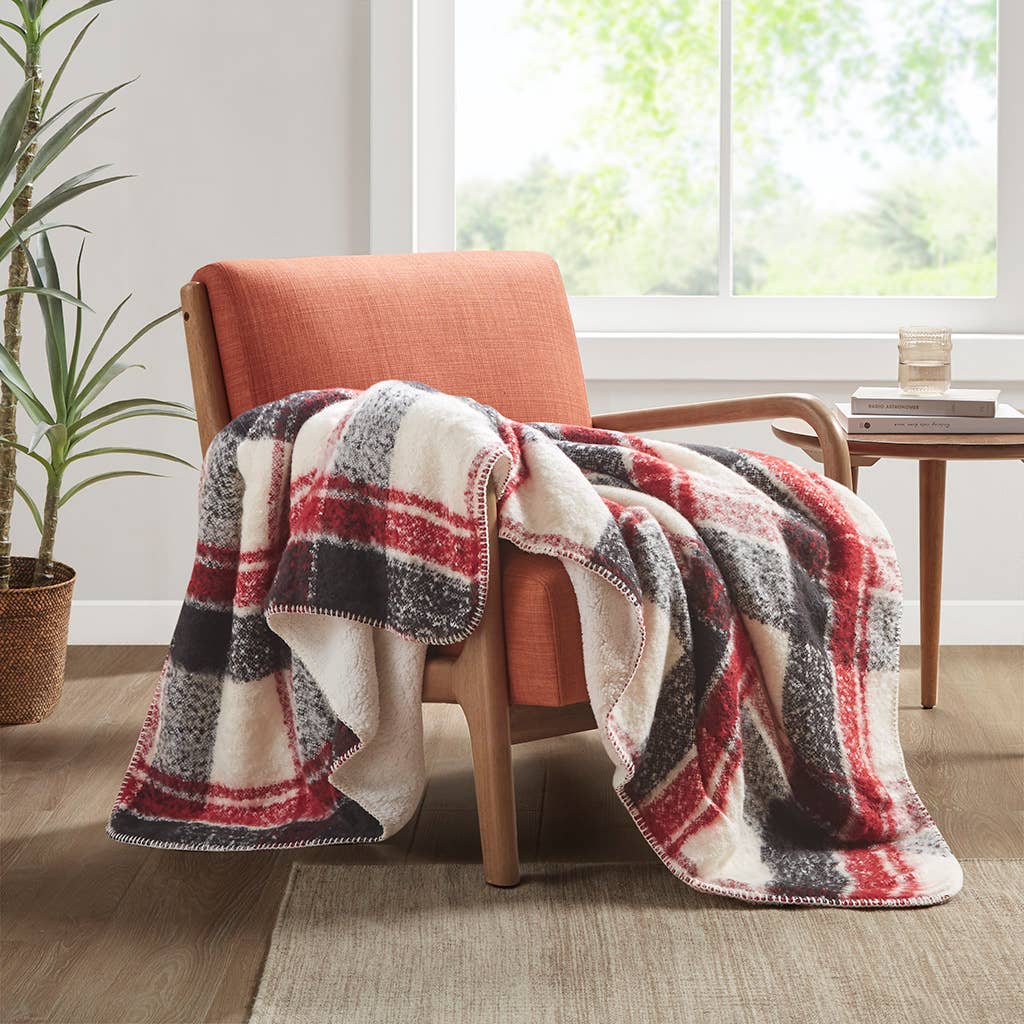 Plaid Faux Mohair Sherpa Throw Blanket 50x60", Red