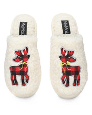 Women's Plaid Reindeer Plush Mule Slippers