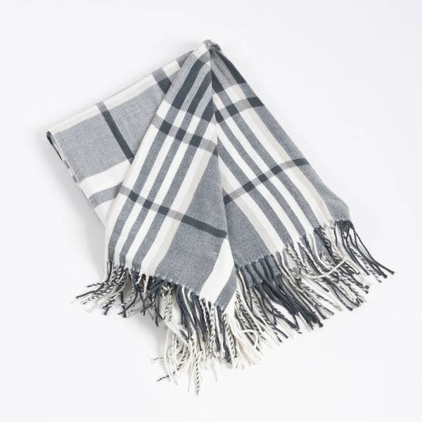 Fennco Styles Classic Plaid with Tassel Trim Throw Blanket / Gray Tones & White