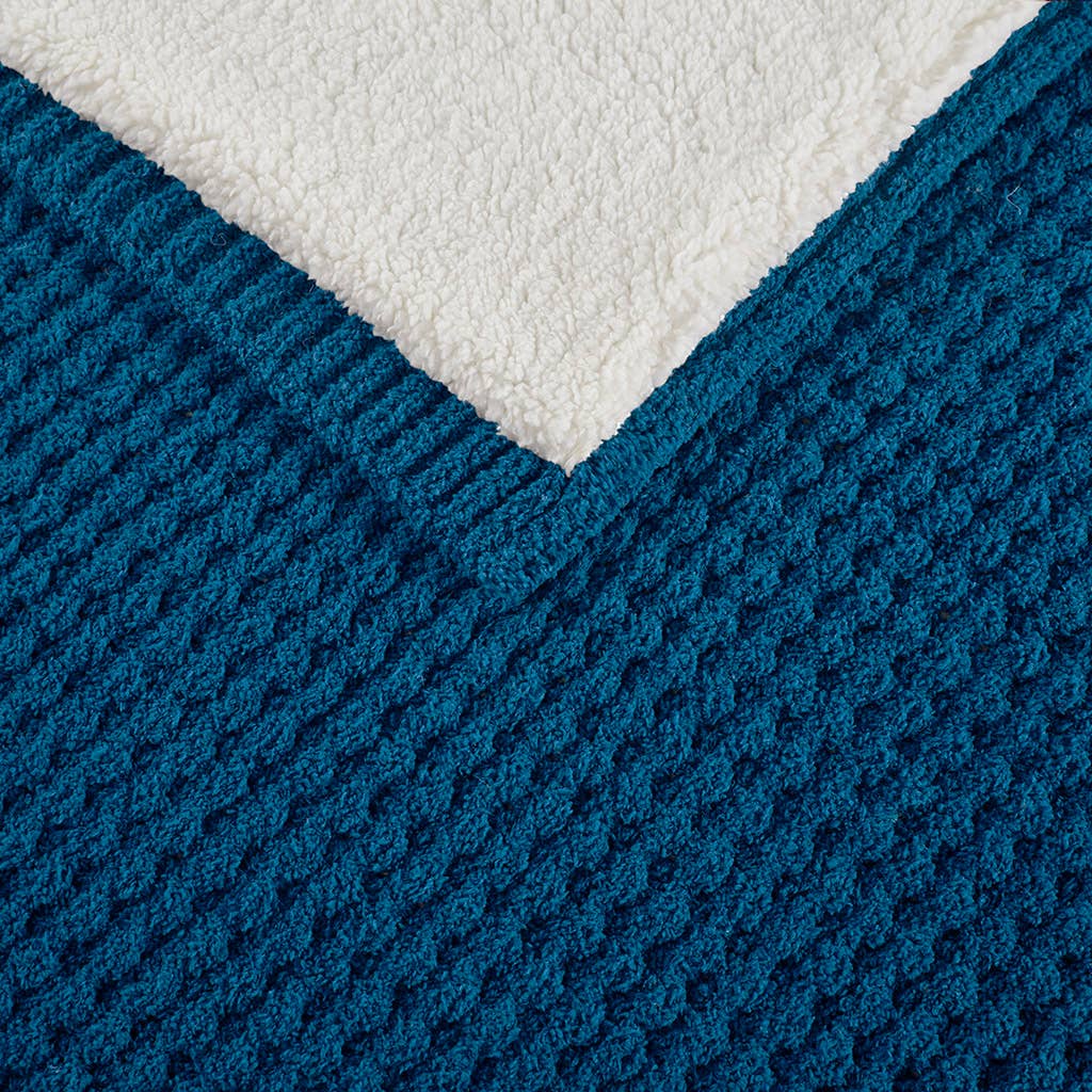 Sherpa Waffle Knit Chenille Throw, Navy Blue