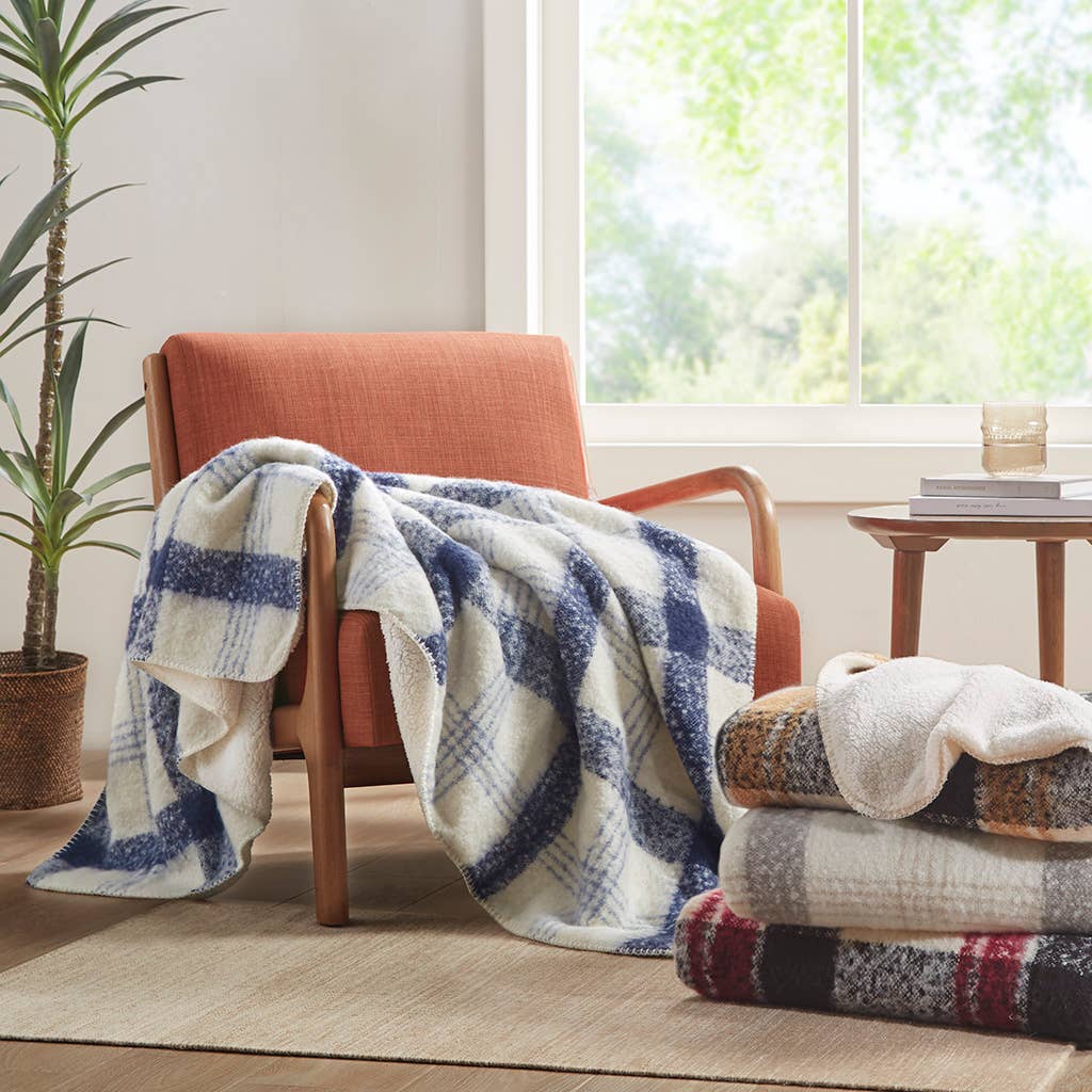 Plaid Faux Mohair Sherpa Soft Throw Blanket 50x60", Ivory