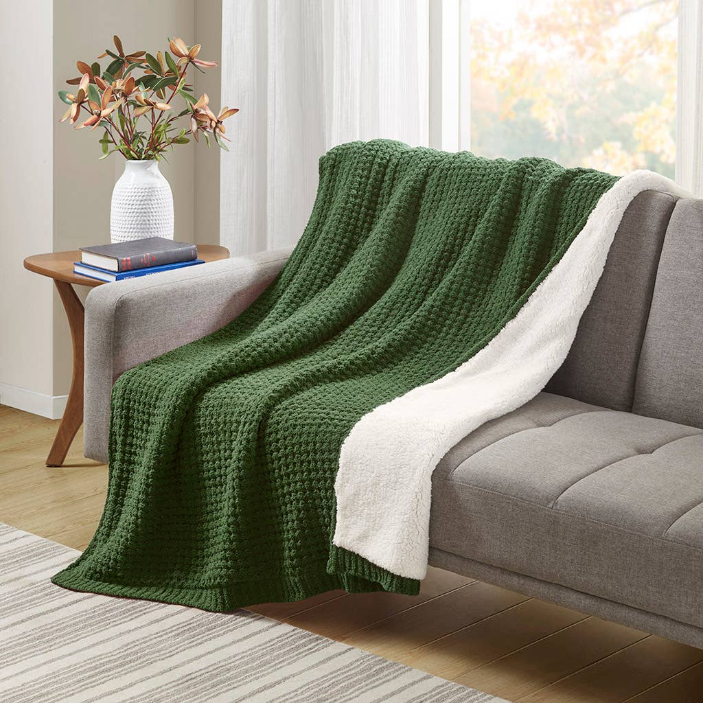 Sherpa Waffle Knit Chenille Throw, Green