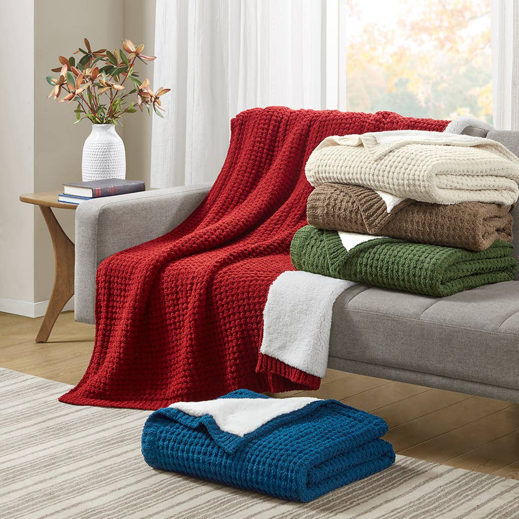 Sherpa Waffle Knit Chenille Throw, Red