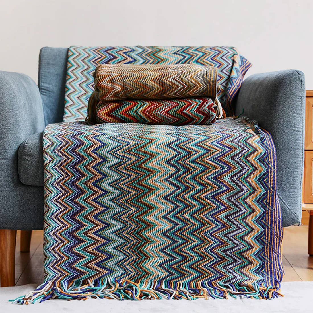 Fennco Styles Zigzag Colors Crochet with Tassel Trim Throw Blanket