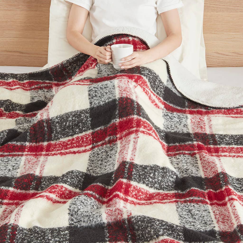 Plaid Faux Mohair Sherpa Throw Blanket 50x60", Red