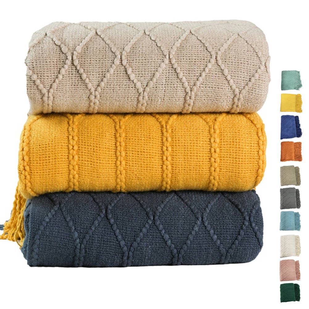 Fennco Styles Rhombus Diamond Knit with Tassel Trim Throw Blanket