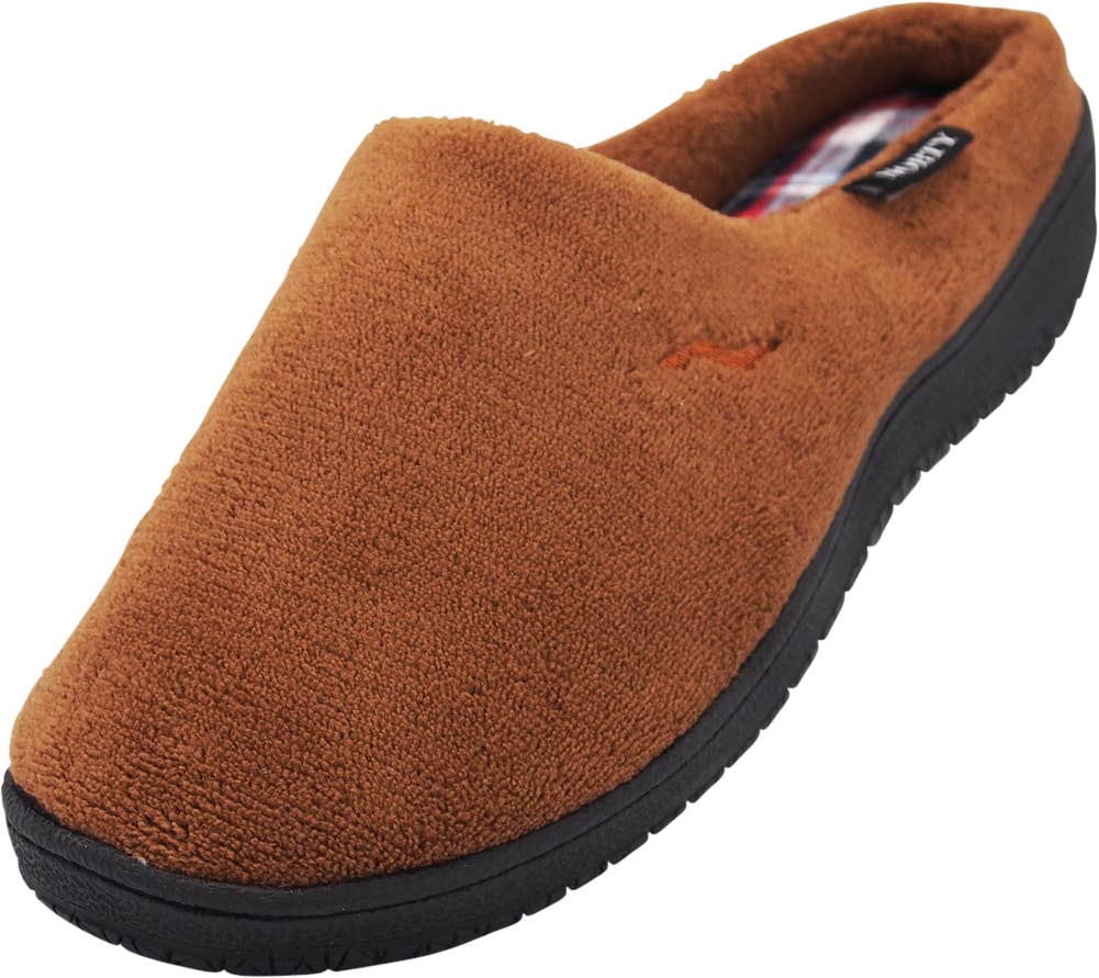 Norty Men's Microfiber Memory Foam Clog Slippers / Brown & Plaid