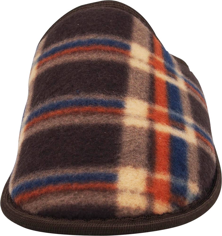 Norty Men's Plaid Fleece Mule Slippers / Brown, Blue, Orange, & Beige