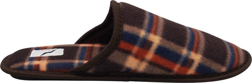 Norty Men's Plaid Fleece Mule Slippers / Brown, Blue, Orange, & Beige
