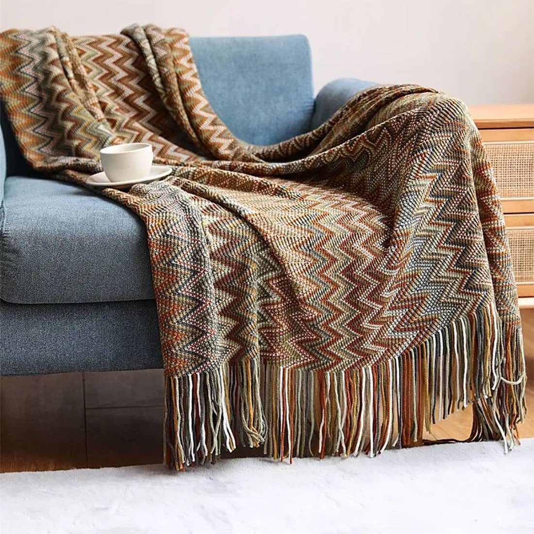 Fennco Styles Zigzag Colors Crochet with Tassel Trim Throw Blanket