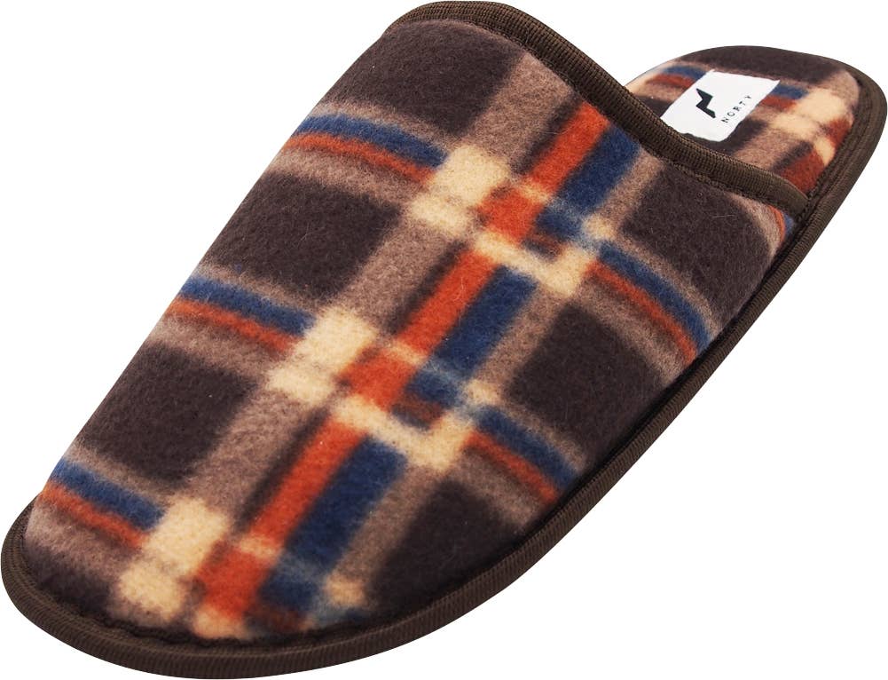 Norty Men's Plaid Fleece Mule Slippers / Brown, Blue, Orange, & Beige