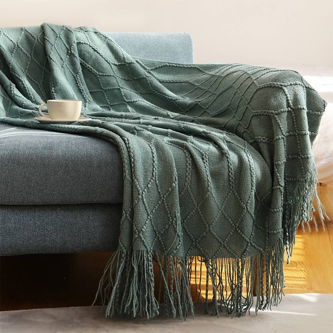 Fennco Styles Rhombus Diamond Knit with Tassel Trim Throw Blanket