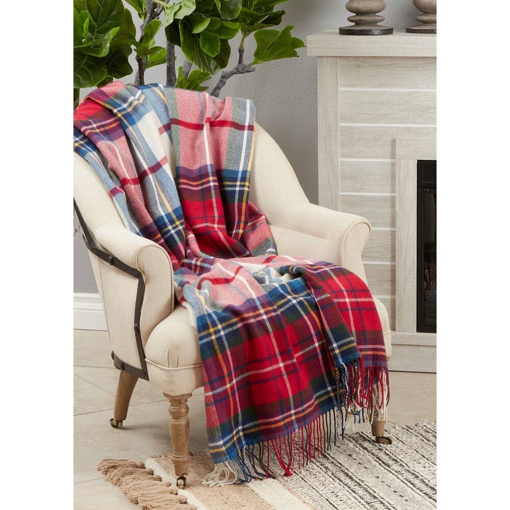 Fennco Styles Classic Plaid with Tassel Trim Throw Blanket / Red, Green, Blue, White, Yellow