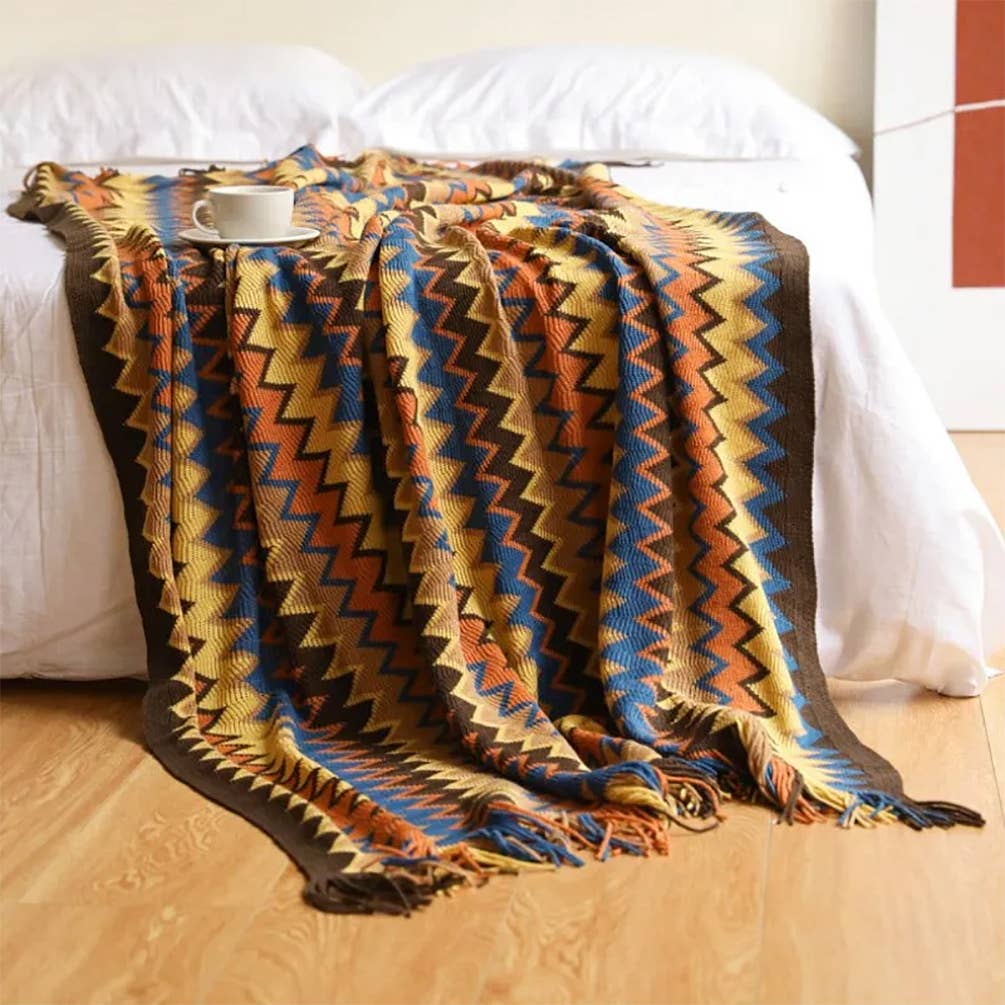 Fennco Styles Zigzag Colors Crochet with Tassel Trim Throw Blanket