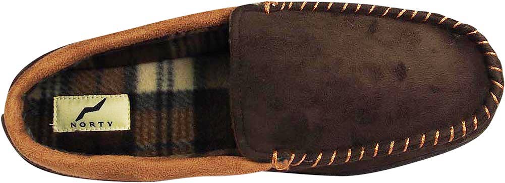 Norty Men's Faux Suede Memory Foam Moccasin Slippers / Chocolate & Camel