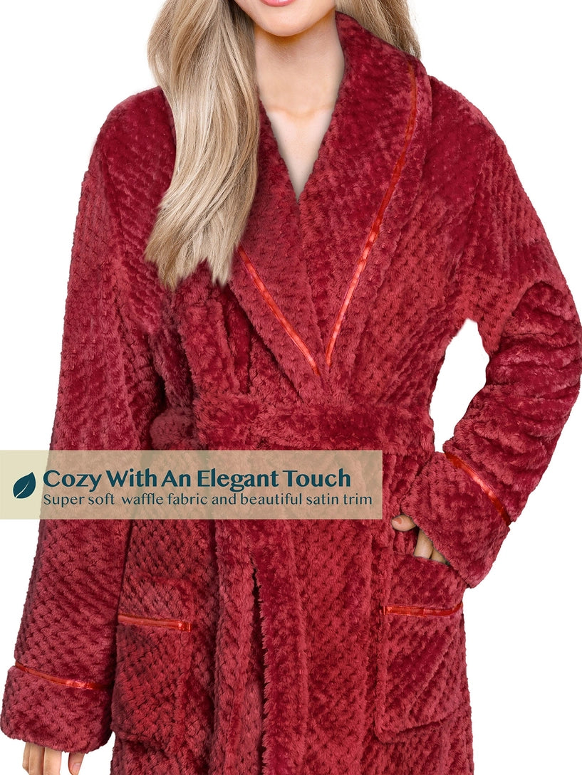 Pavilia Waffle Textured Satin Trim Fleece Women's Robe
