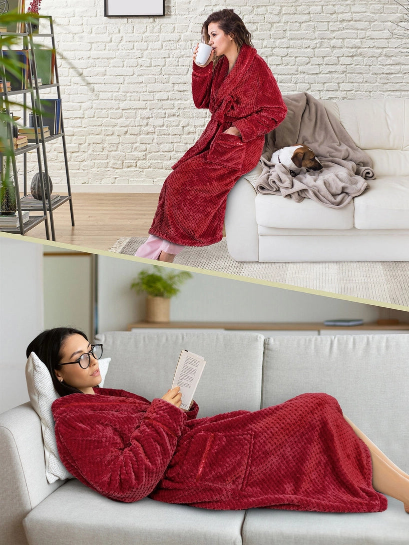 Pavilia Waffle Textured Satin Trim Fleece Women's Robe