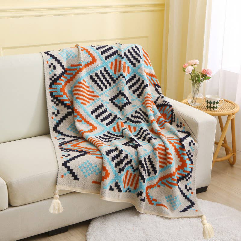 Fennco Styles Tribal Knit with Tassel Corners Throw Blanket