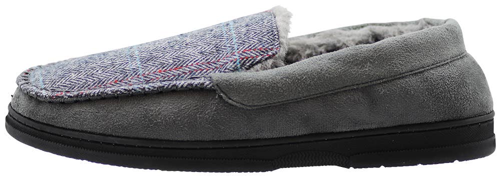 Norty Men's Herringbone Memory Foam Moccasin Slippers / Navy Blue & Gray