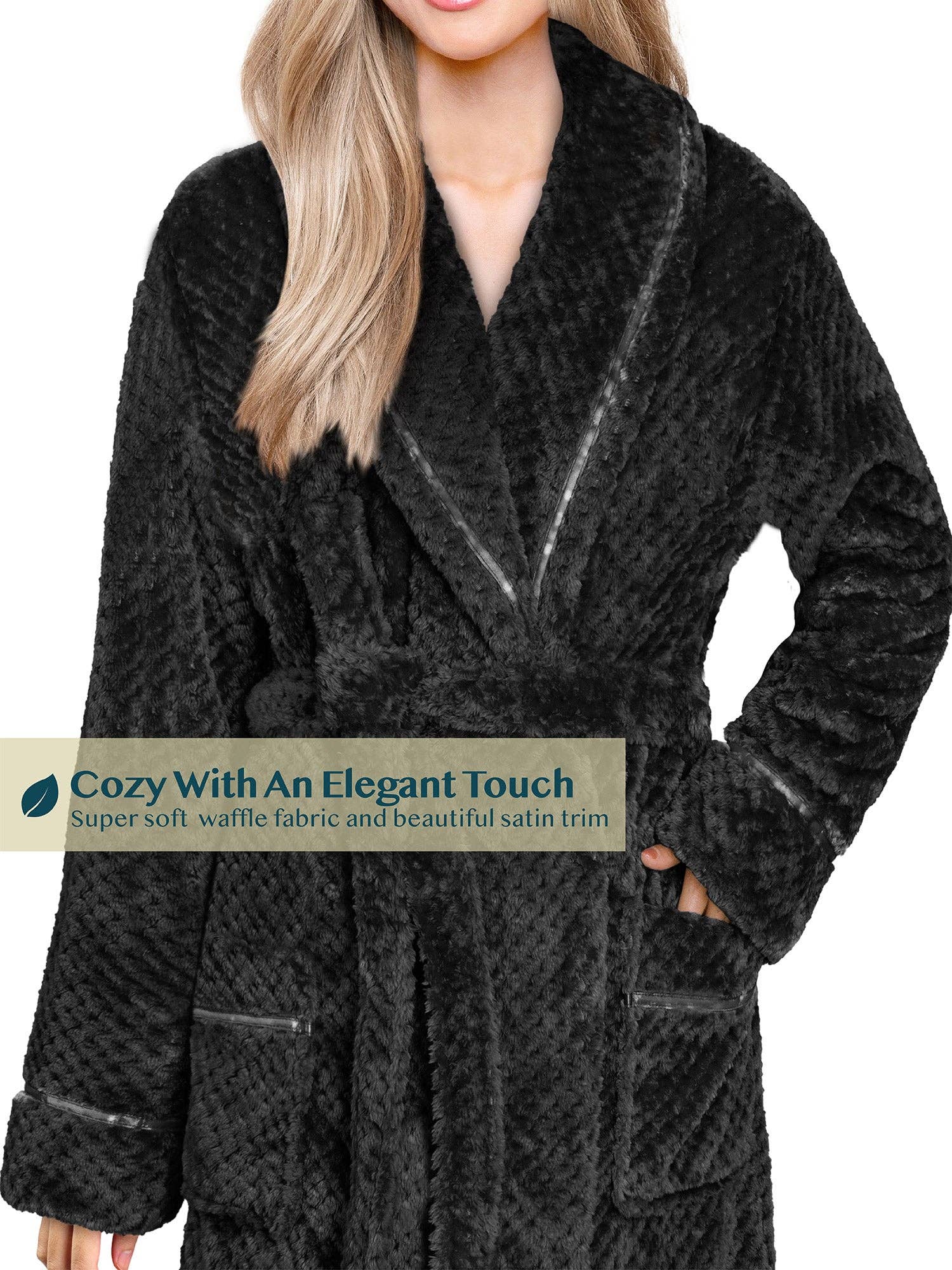 Women's Waffle Textured Satin Trim Fleece Robe