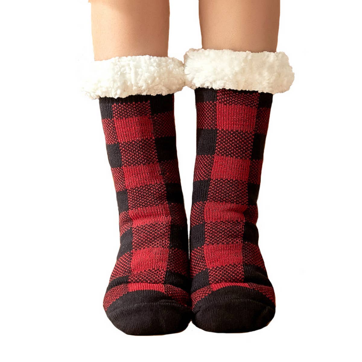ACCITY Holidays Plaid Plush Sherpa Lined Slipper Socks