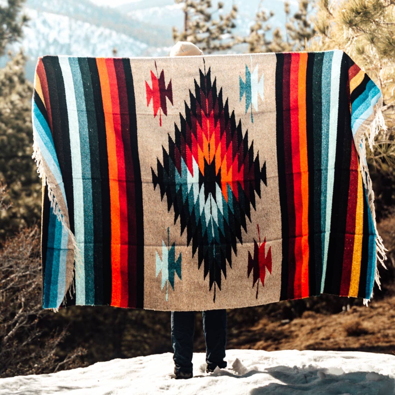 Aztec Mexican Diamond Blanket | Beige Tan Khaki Throw