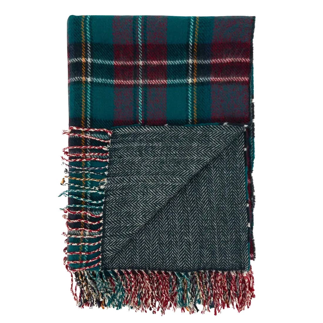 Fennco Styles Reversible Plaid & Herringbone with Tassel Trim Throw Blanket / Green, Red, Yellow, White