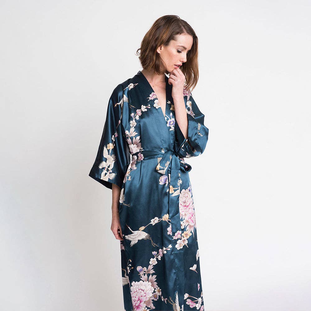 Chrysanthemum & Crane Long Kimono Robe
