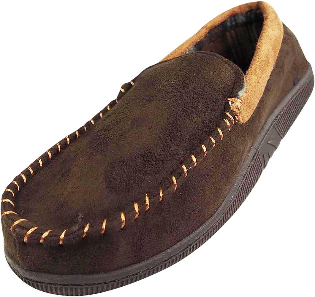 Norty Men's Faux Suede Memory Foam Moccasin Slippers / Chocolate & Camel