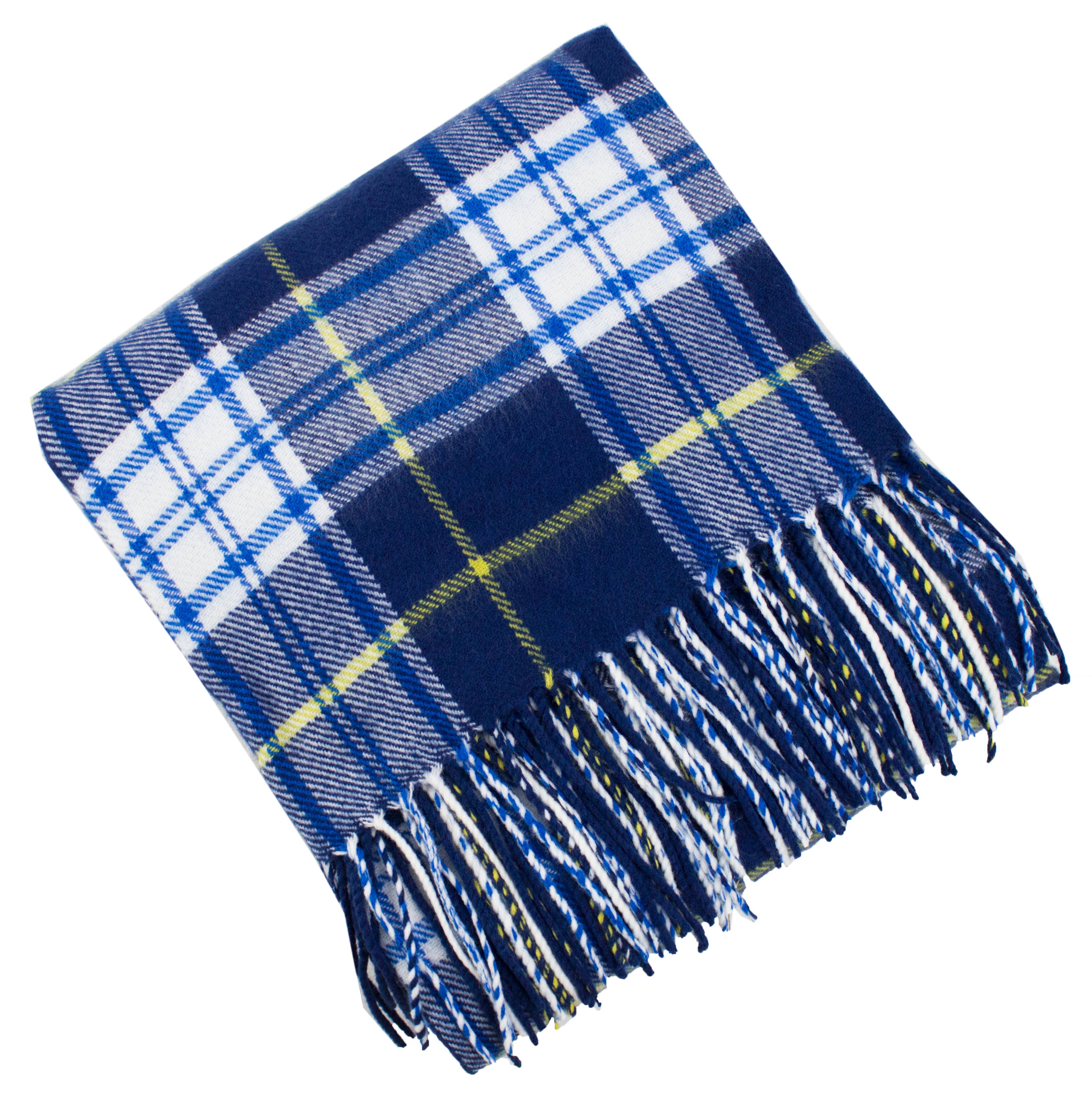 Fennco Styles Classic Plaid with Tassel Trim Throw Blanket / Navy Blue, White, Yellow