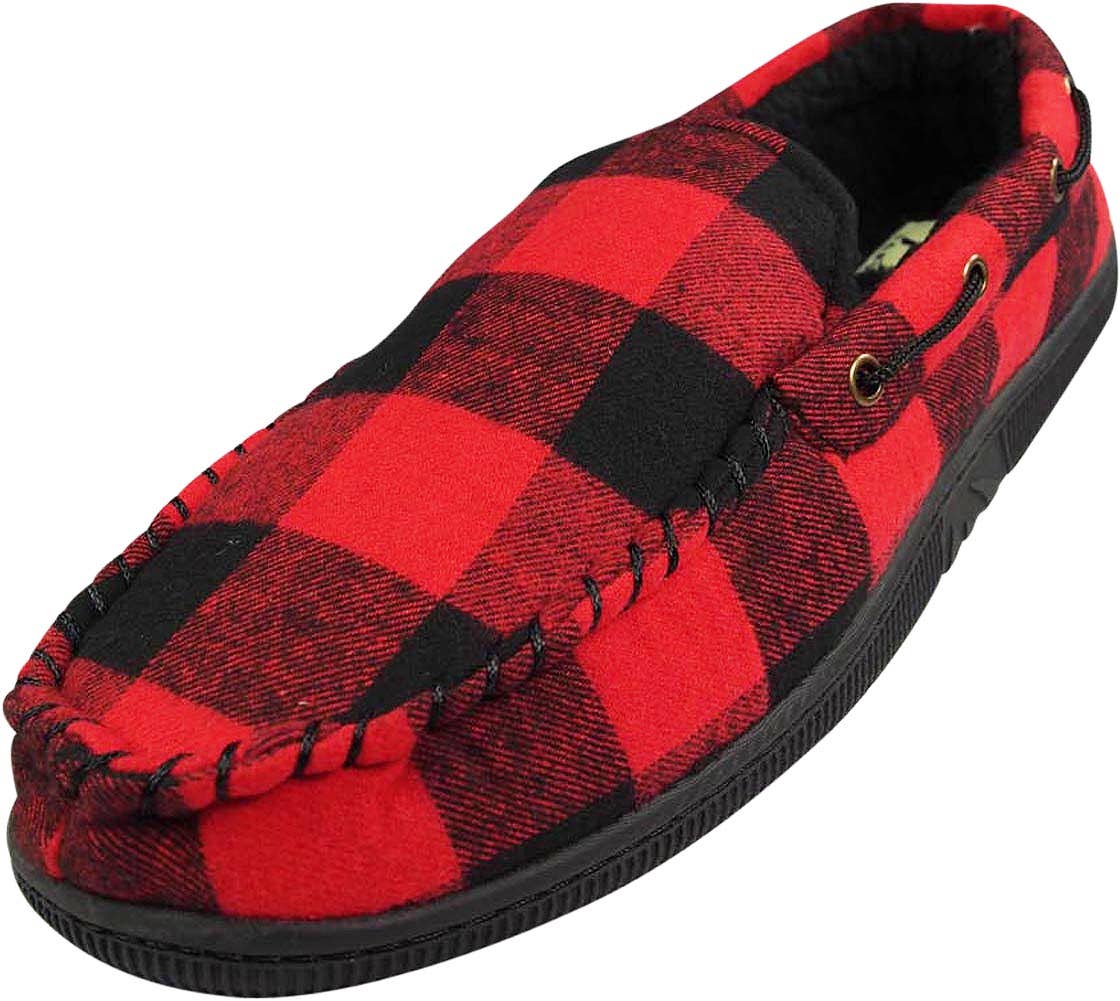Norty Men's Buffalo Plaid Memory Foam Moccasin Slippers / Red & Black
