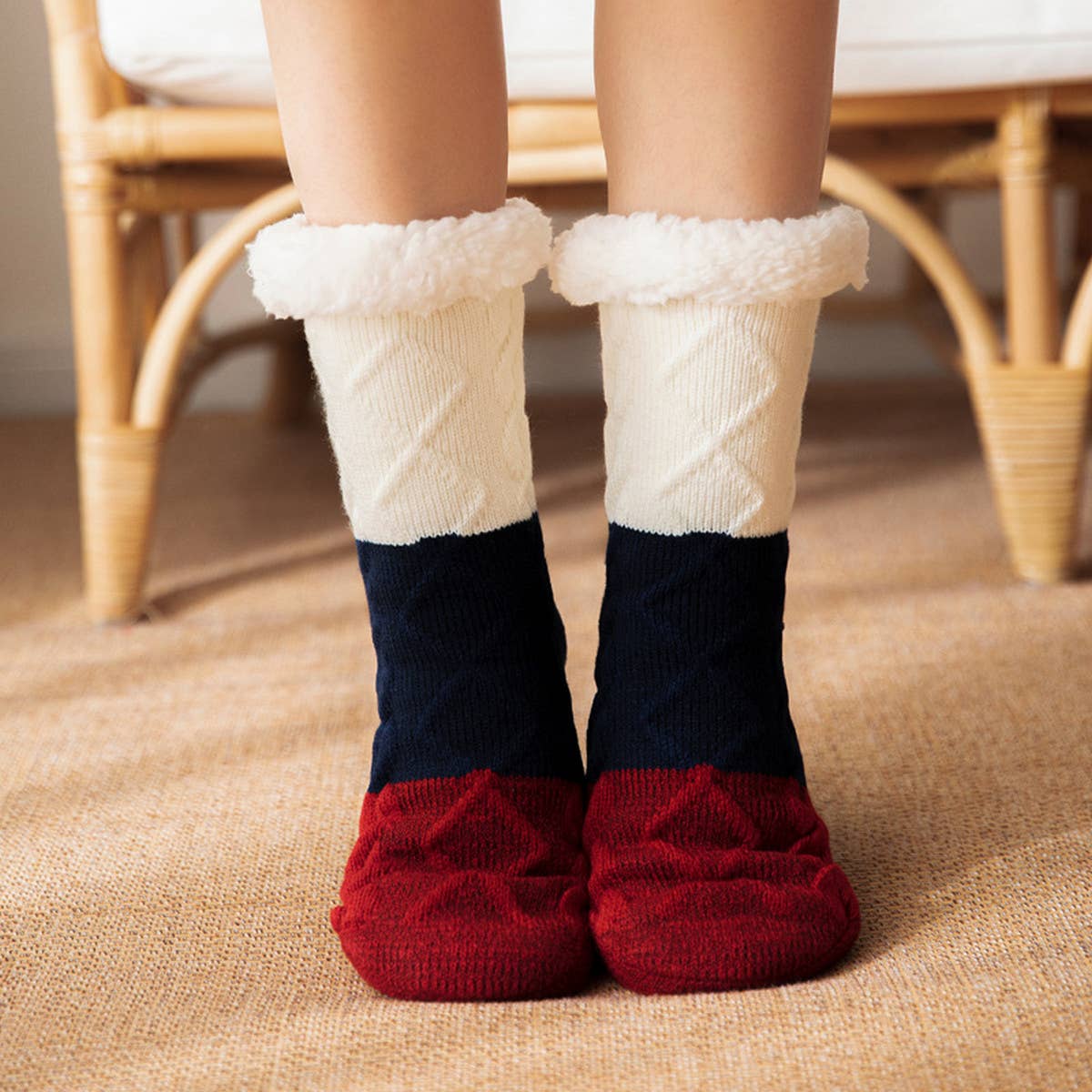 ACCITY Knit Patchwork Color Plush Sherpa Lined Slipper Socks