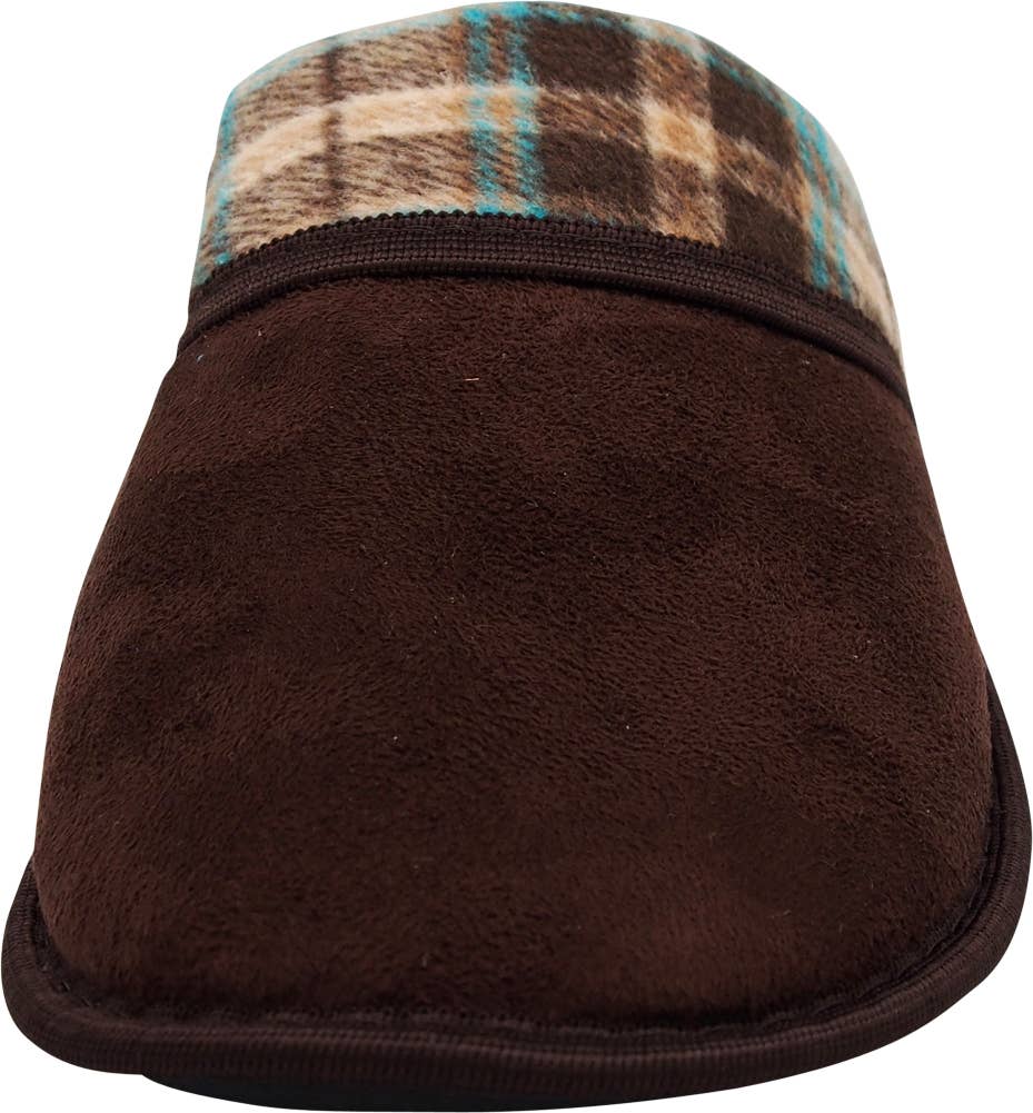Norty Men's Faux Suede & Plaid Mule Slippers / Brown & Blue