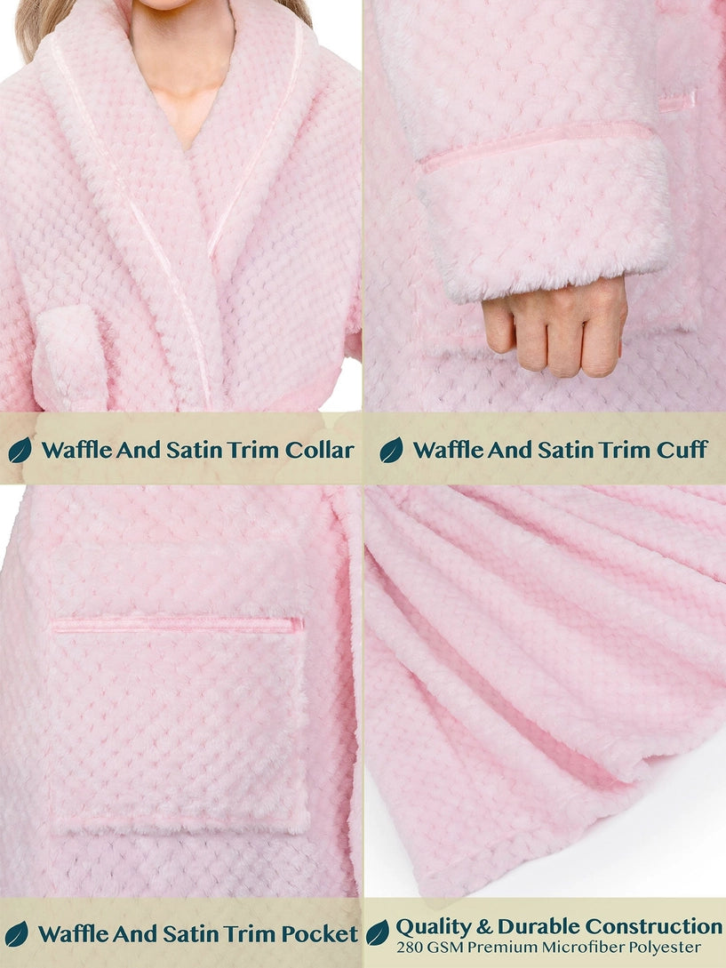 Pavilia Waffle Textured Satin Trim Fleece Women's Robe