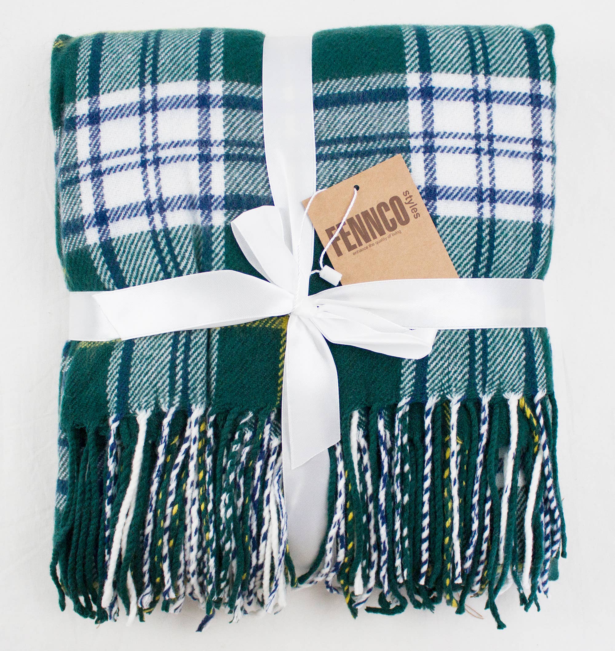 Fennco Styles Classic Plaid with Tassel Trim Throw Blanket / Green, Blue, White, Yellow