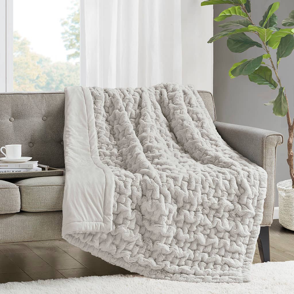 Soft Warm Ruched Faux Fur Throw Blanket 50x60", Silver Grey