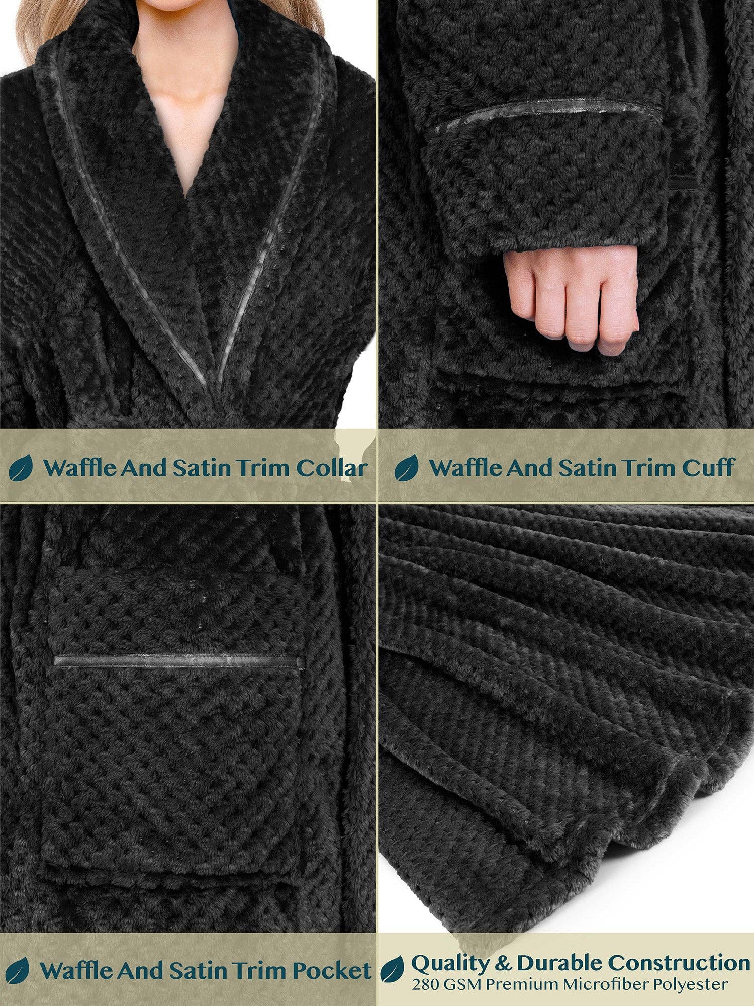 Women's Waffle Textured Satin Trim Fleece Robe