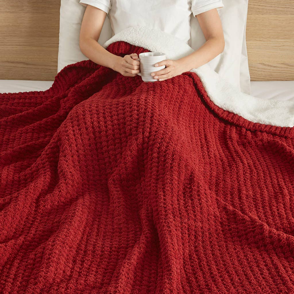 Sherpa Waffle Knit Chenille Throw, Red