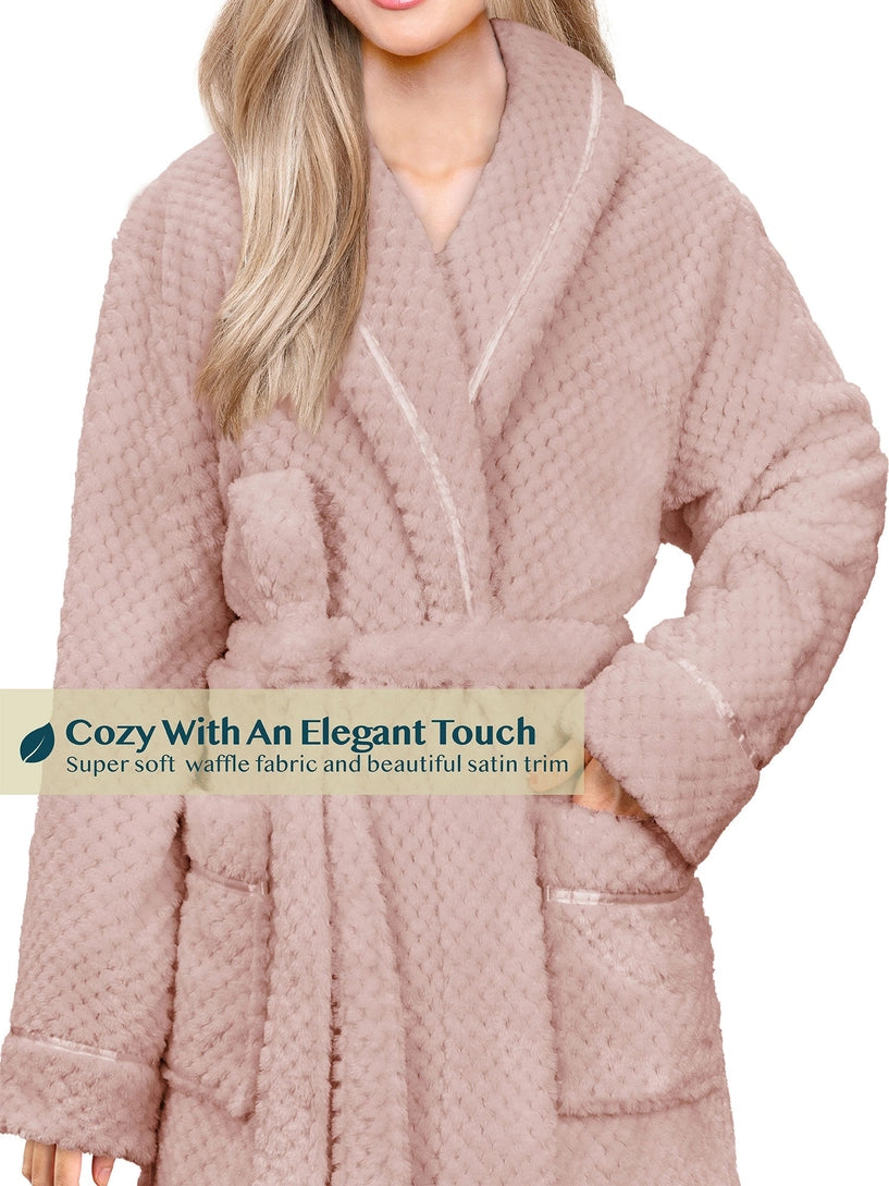 Pavilia Waffle Textured Satin Trim Fleece Women's Robe