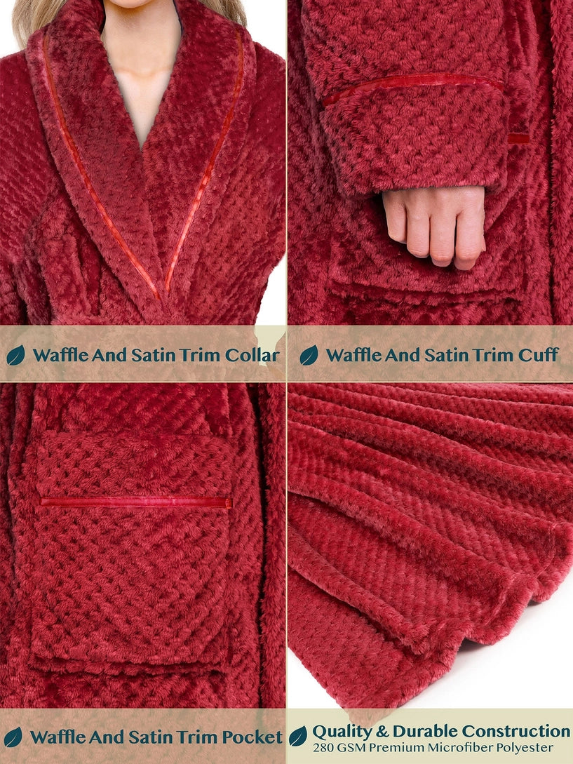Pavilia Waffle Textured Satin Trim Fleece Women's Robe