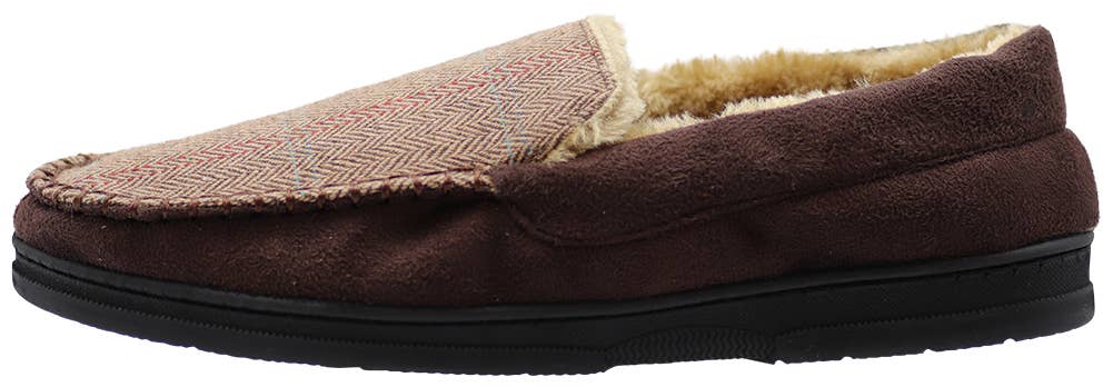 Norty Men's Herringbone Memory Foam Moccasin Slippers / Chocolate & Beige