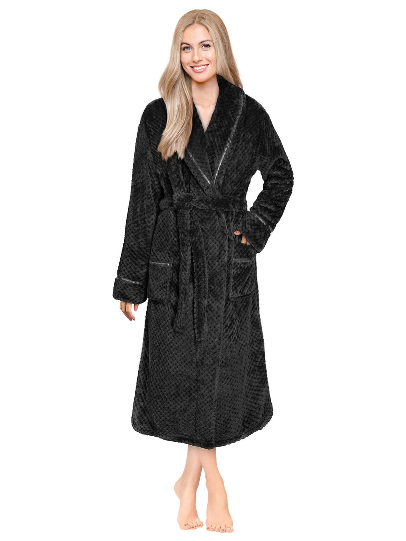 Pavilia Waffle Textured Satin Trim Fleece Women's Robe