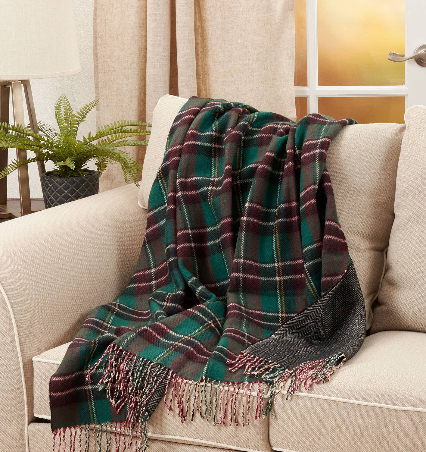 Fennco Styles Reversible Plaid & Herringbone with Tassel Trim Throw Blanket / Green, Red, Yellow, White