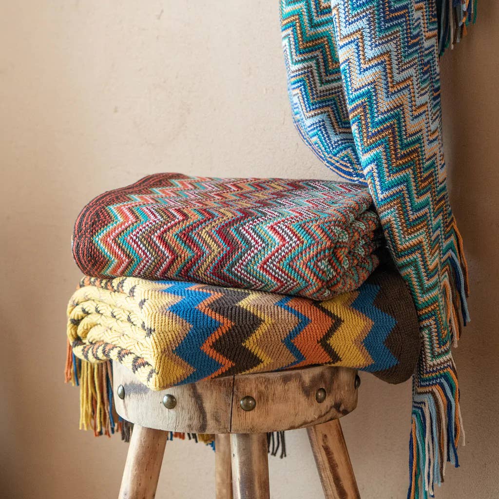 Fennco Styles Zigzag Colors Crochet with Tassel Trim Throw Blanket