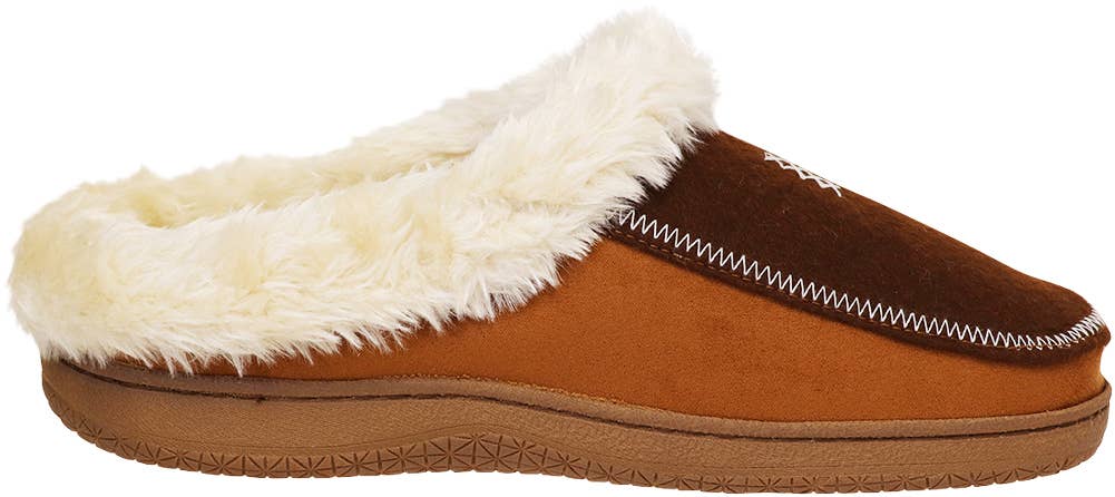 Norty Men's Faux Suede & Fur Twin Gore Memory Foam Clog Slippers / Brown & Camel