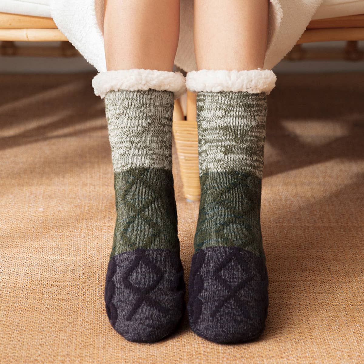 ACCITY Knit Patchwork Color Plush Sherpa Lined Slipper Socks