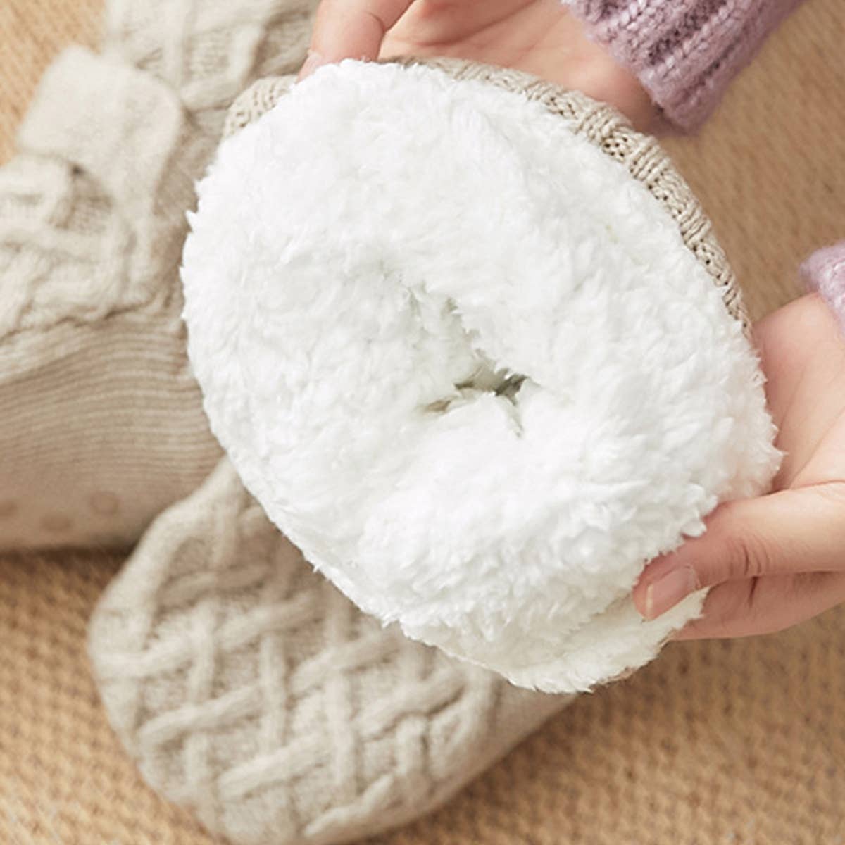 ACCITY Knit Solid Color with Button Plush Sherpa Lined Slipper Socks