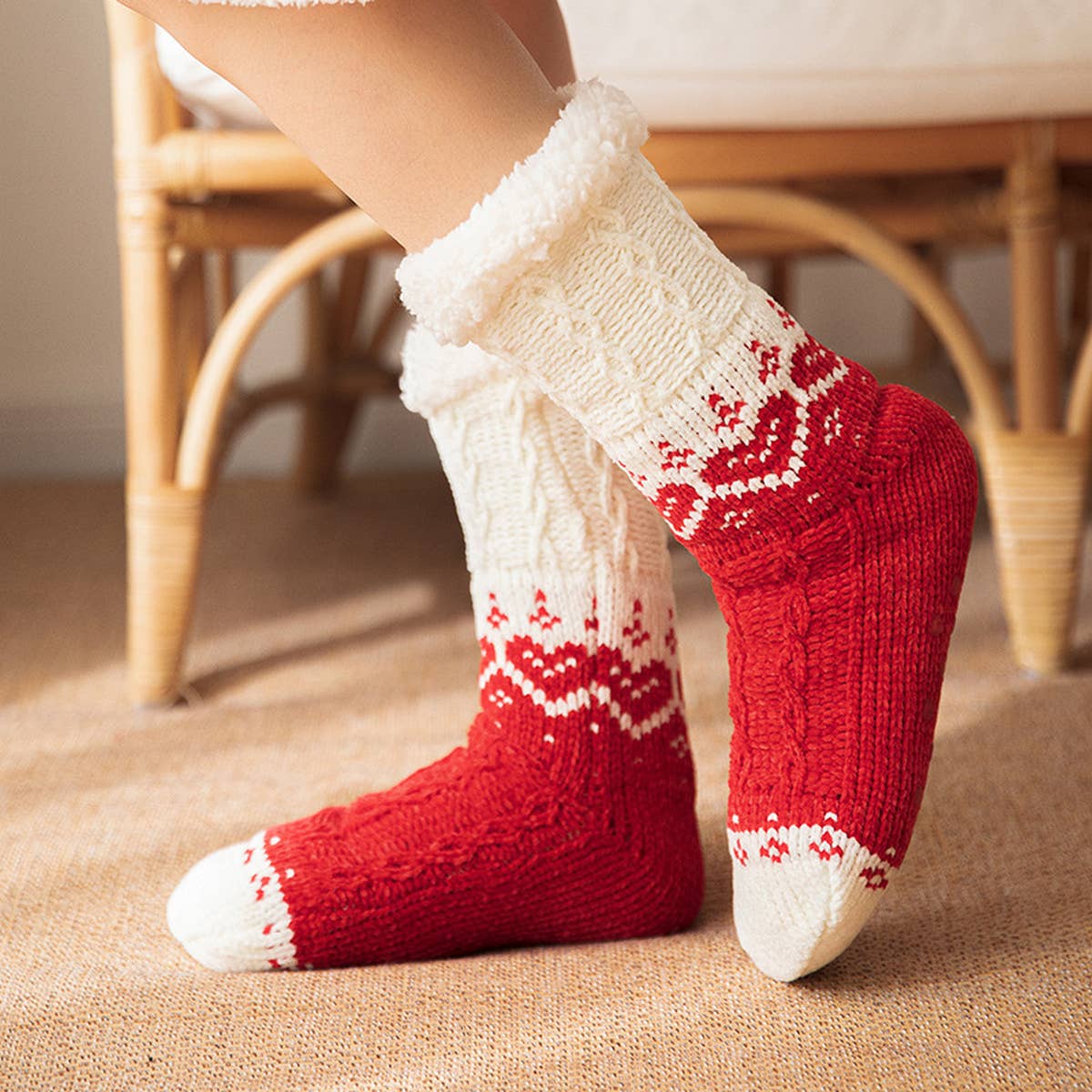 ACCITY Knit with Hearts Plush Sherpa Lined Slipper Socks